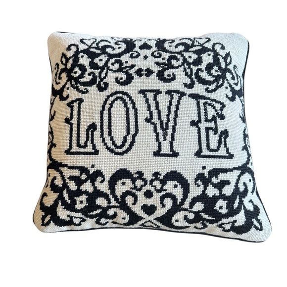 JONATHAN ADLER Victorian LOVE Black Cream Needlepoint Throw Pillow RARE Vice MCM - Picture 1 of 7